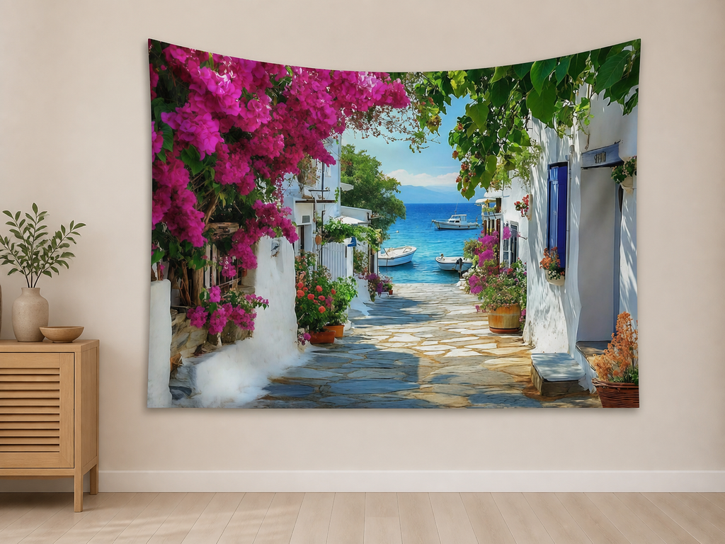 Mediterranean Coastal Village Tapestry Backdrop indoor application scene