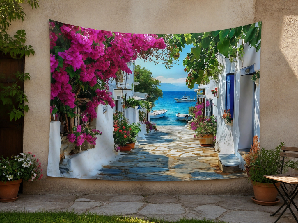 Mediterranean Coastal Village Tapestry Backdrop garden application scene