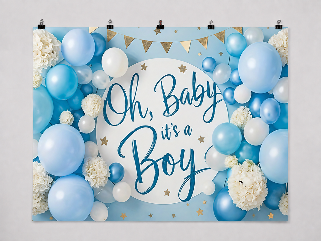 Oh Baby It's a Boy Baby Shower printed polyester backdrop, shown at244 x183cm with straight-cut unhemmed edges and wall clips. Flat printed scenery; accessories not included.