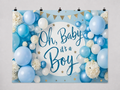 Oh Baby It's a Boy Baby Shower printed polyester backdrop, shown at244 x183cm with straight-cut unhemmed edges and wall clips. Flat printed scenery; accessories not included.