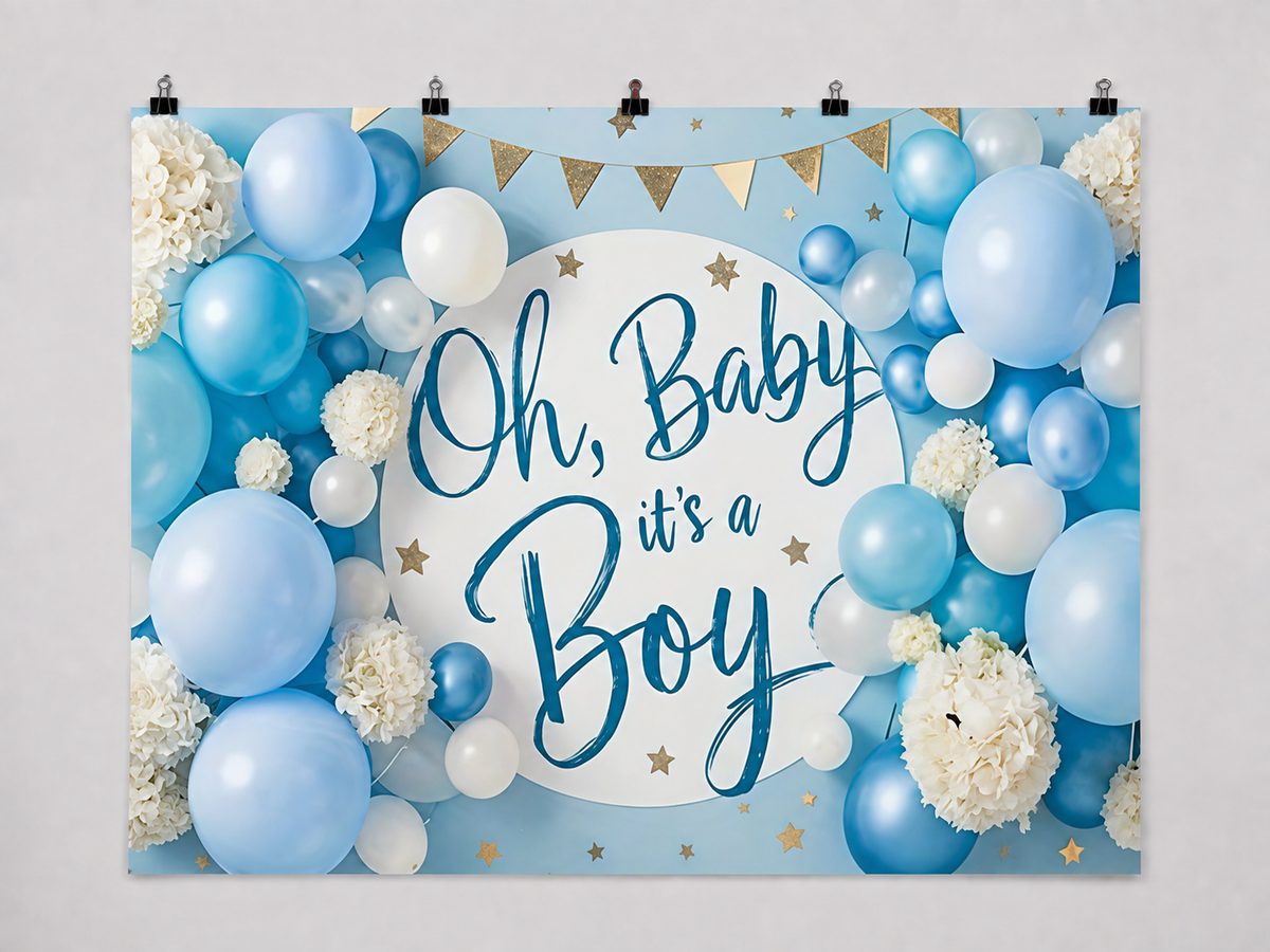 Oh Baby It's a Boy Baby Shower printed polyester backdrop, shown at244 x183cm with straight-cut unhemmed edges and wall clips. Flat printed scenery; accessories not included.