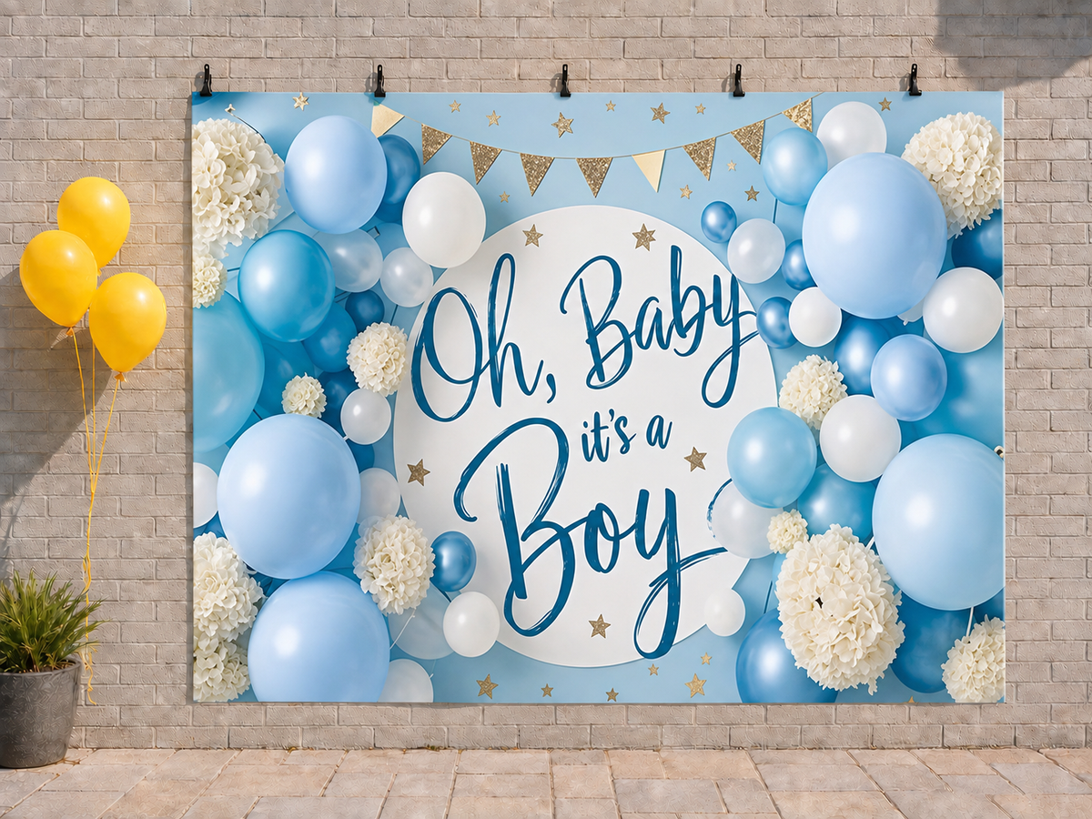 Oh Baby It's a Boy Baby Shower printed polyester backdrop, shown at244 x183cm with straight-cut unhemmed edges and wall clips. Flat printed scenery; accessories not included.
