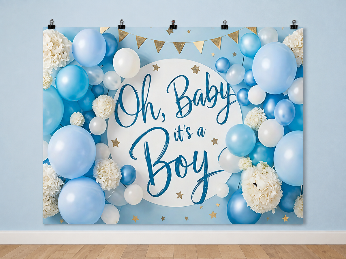 Oh Baby It's a Boy Baby Shower printed polyester backdrop, shown at244 x183cm with straight-cut unhemmed edges and wall clips. Flat printed scenery; accessories not included.