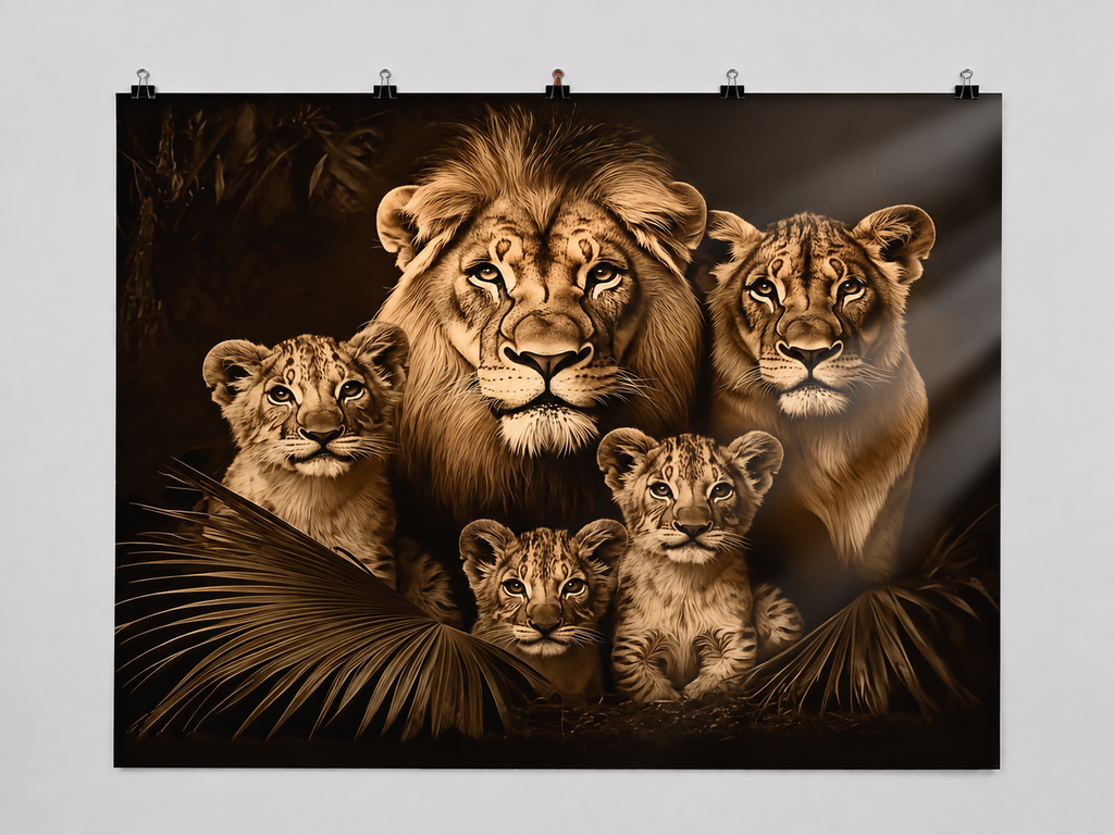 Big Cat Family Portrait printed polyester backdrop, shown at244 x183cm with straight-cut unhemmed edges and wall clips. Flat printed scenery; accessories not included.