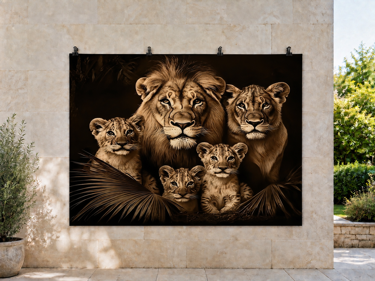 Big Cat Family Portrait printed polyester backdrop, shown at244 x183cm with straight-cut unhemmed edges and wall clips. Flat printed scenery; accessories not included.