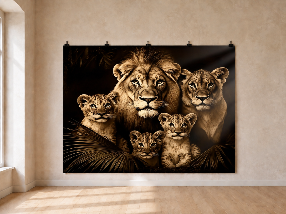 Big Cat Family Portrait printed polyester backdrop, shown at244 x183cm with straight-cut unhemmed edges and wall clips. Flat printed scenery; accessories not included.