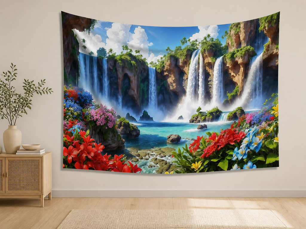Tropical Flower Waterfall Tapestry Backdrop indoor application scene
