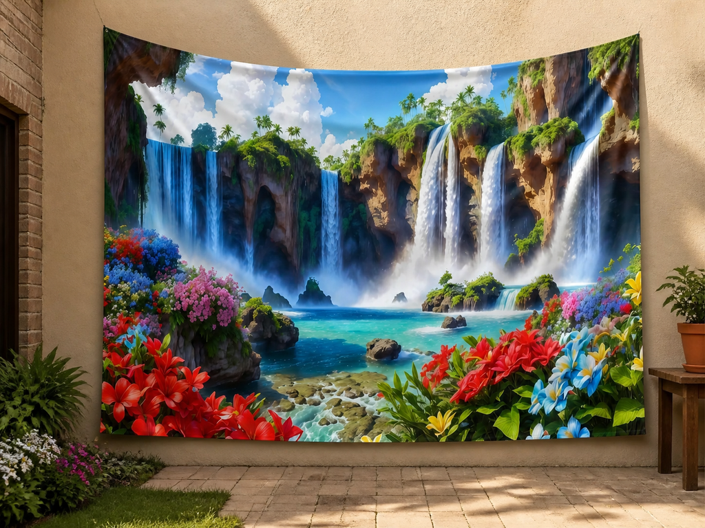 Tropical Flower Waterfall Tapestry Backdrop garden application scene