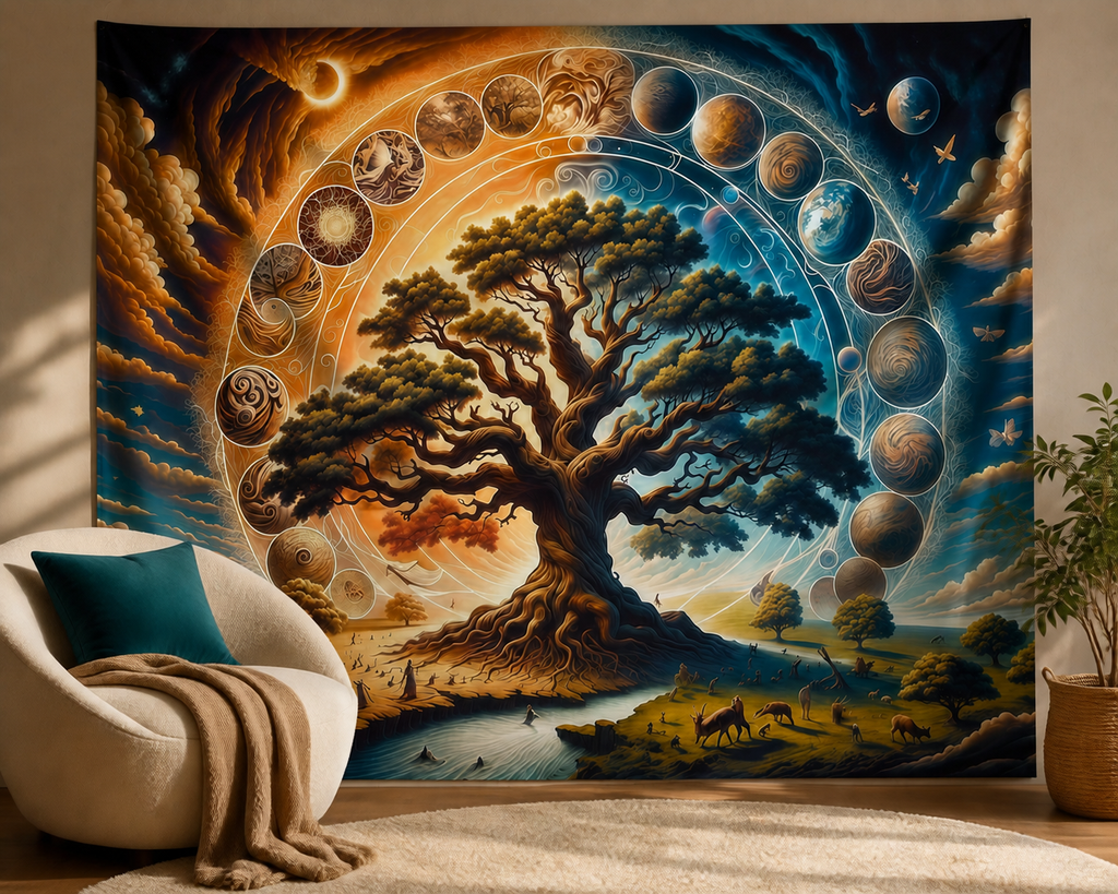 Cosmic tree of life tapestry reading nook scene