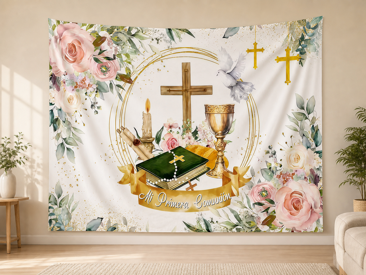Floral Dove First Communion Backdrop indoor application scene