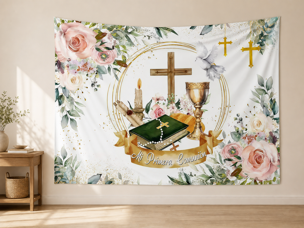 Floral Dove First Communion Backdrop indoor application scene