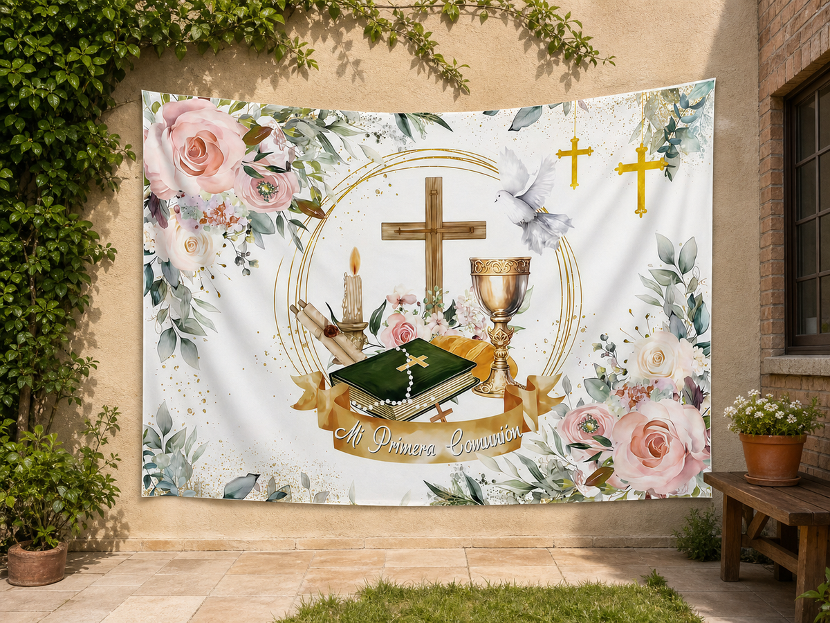 Floral Dove First Communion Backdrop garden application scene
