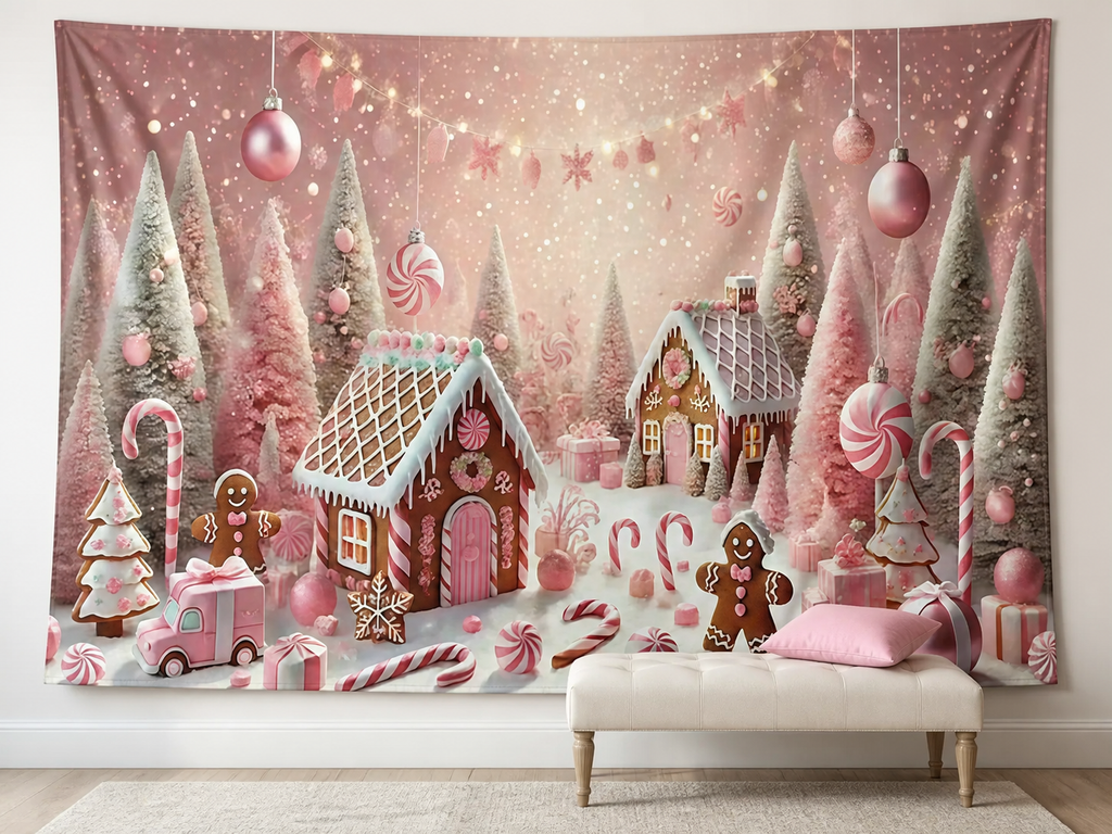 Pink gingerbread village Christmas backdrop family card scene