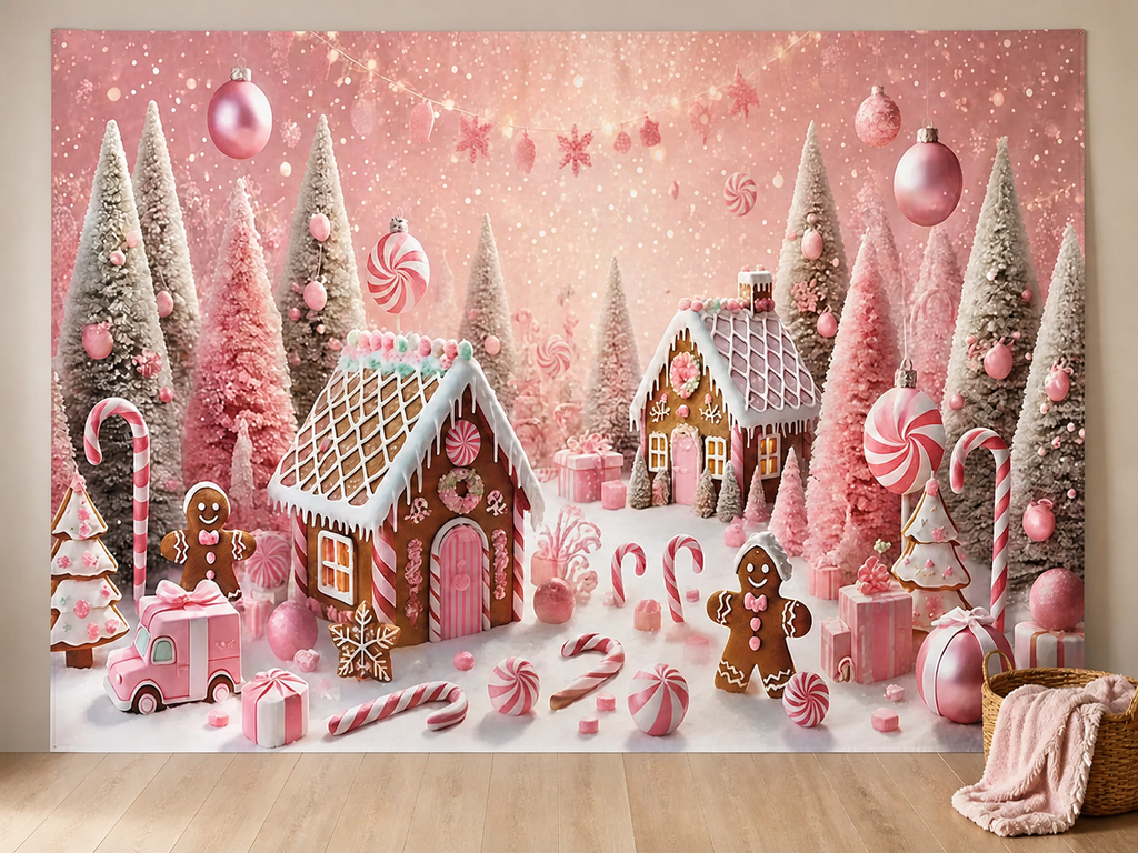 Pink gingerbread village Christmas backdrop holiday mini session