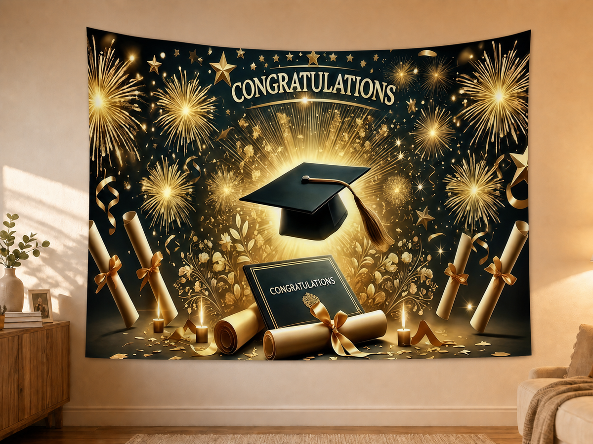 Black and Gold Graduation Celebration Backdrop styled scene 2