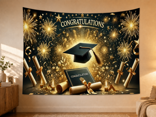 Black and Gold Graduation Celebration Backdrop styled scene 2