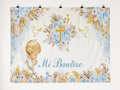 Blue Roses and Gold Cross Mi Bautizo Backdrop — complete flat printed design; accessories not included