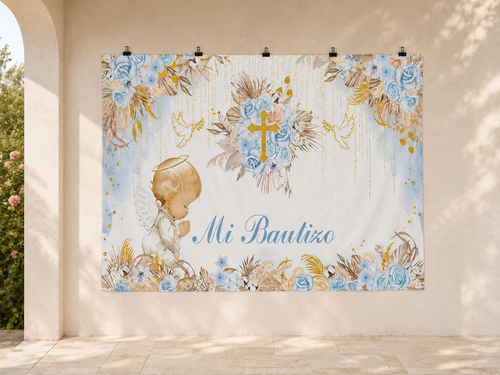 Blue Roses and Gold Cross Mi Bautizo Backdrop — temporary dry outdoor wall-clip display; accessories not included