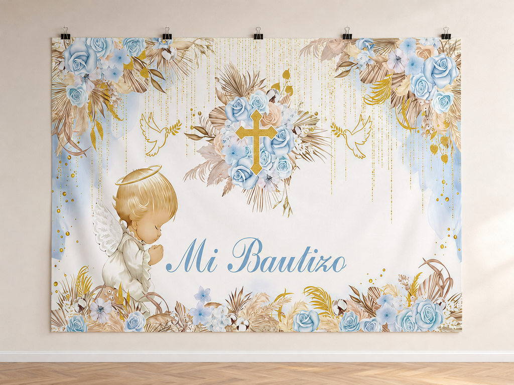 Blue Roses and Gold Cross Mi Bautizo Backdrop — indoor wall-clip display; accessories not included