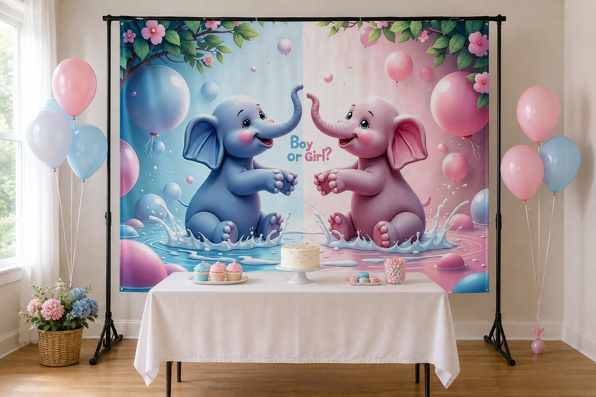 Pink Blue Elephant Gender Reveal Backdrop in event studio