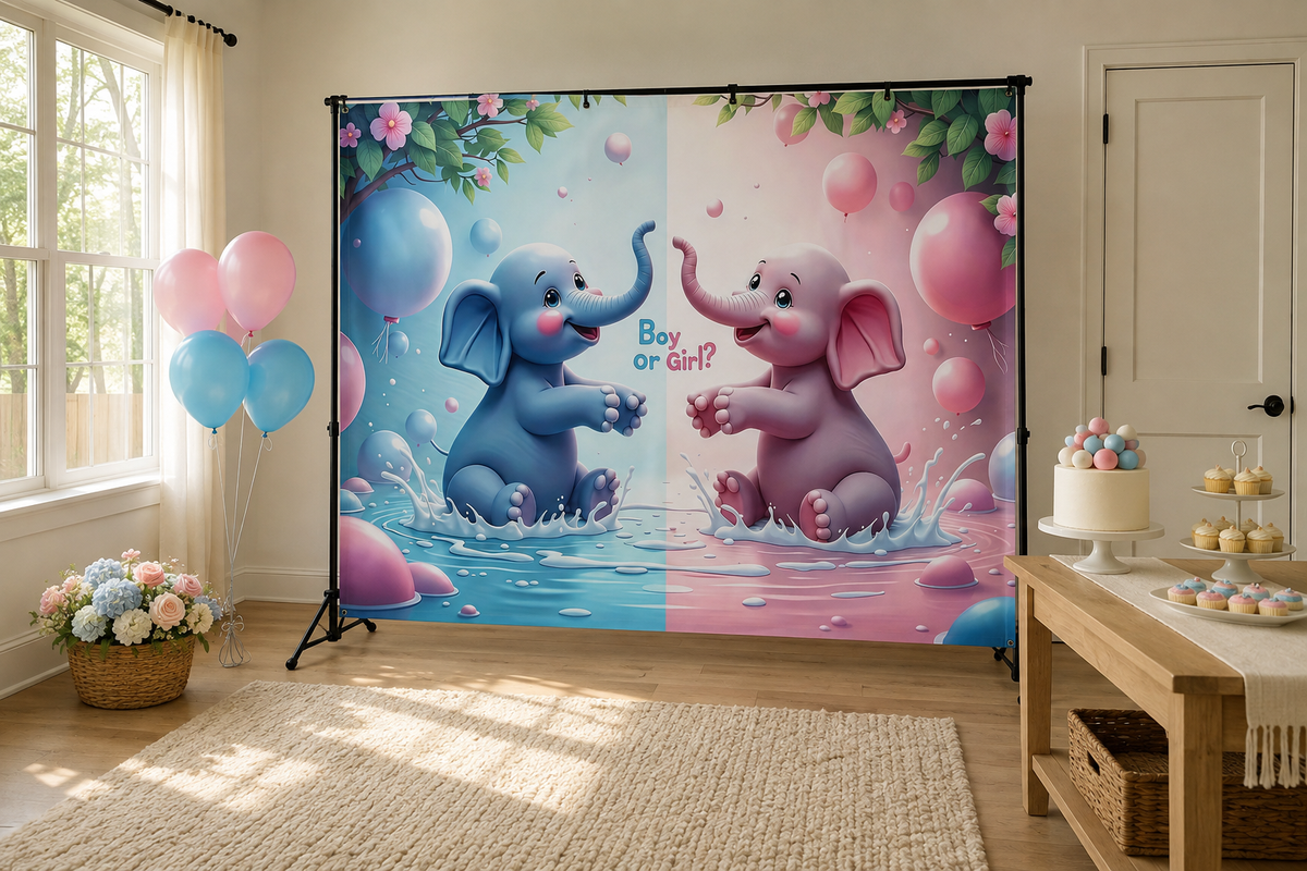Pink Blue Elephant Gender Reveal Backdrop in alternate room setting