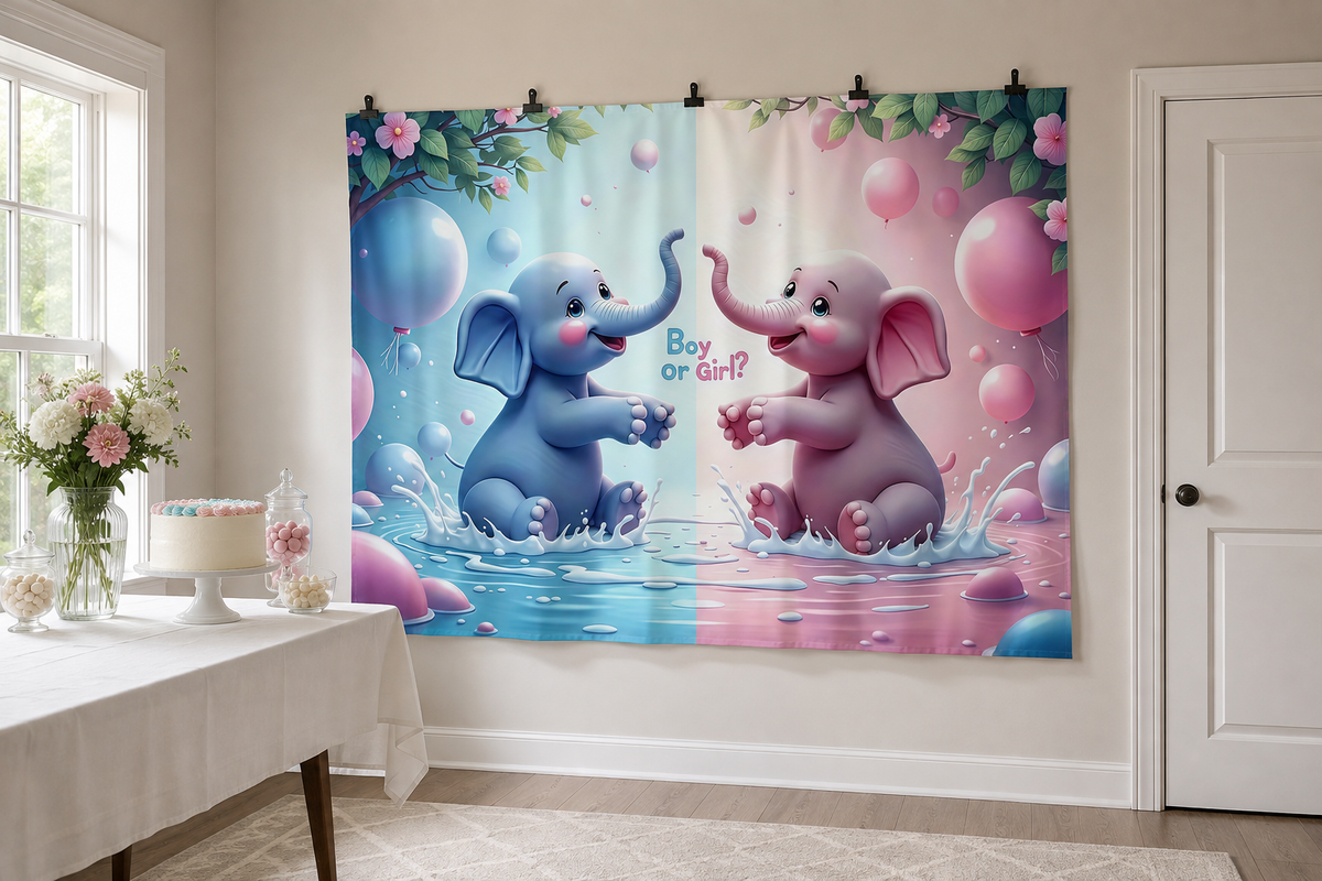 Pink Blue Elephant Gender Reveal Backdrop clipped directly to wall