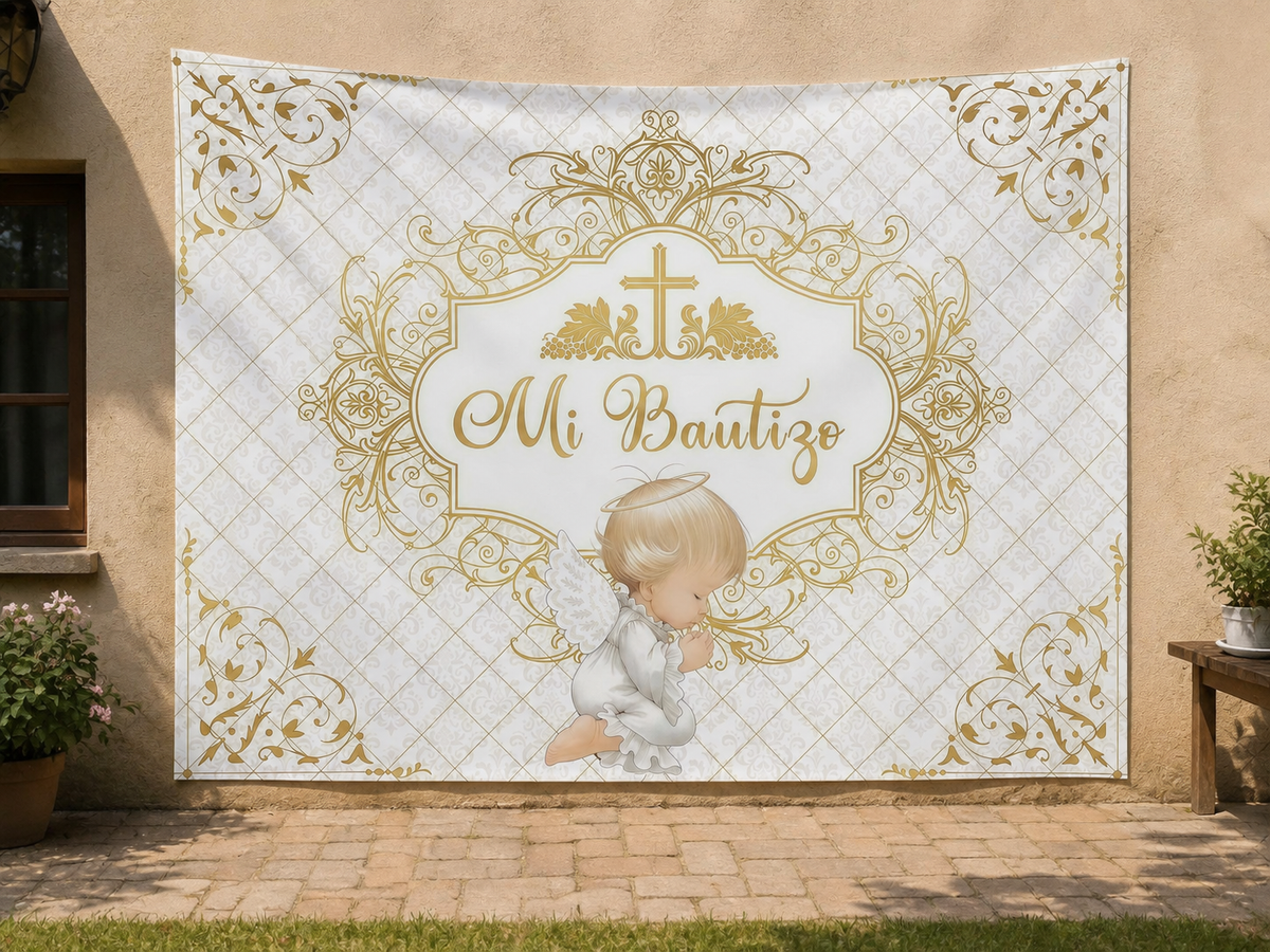 Gold Angel Baptism Backdrop garden application scene
