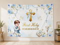 Blue Floral First Holy Communion Backdrop indoor application scene