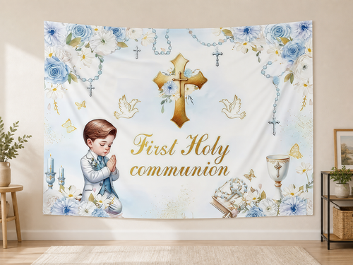 Blue Floral First Holy Communion Backdrop indoor application scene