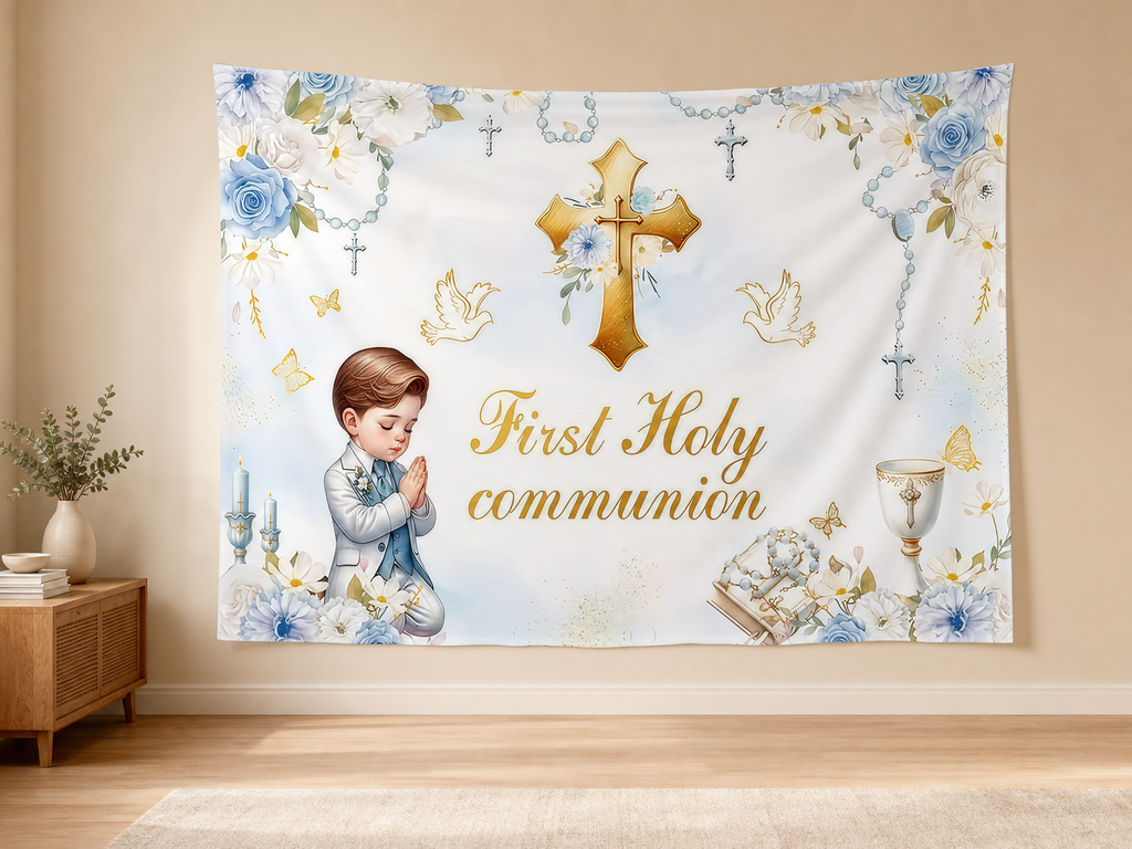 Blue Floral First Holy Communion Backdrop indoor application scene