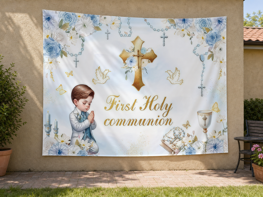 Blue Floral First Holy Communion Backdrop garden application scene
