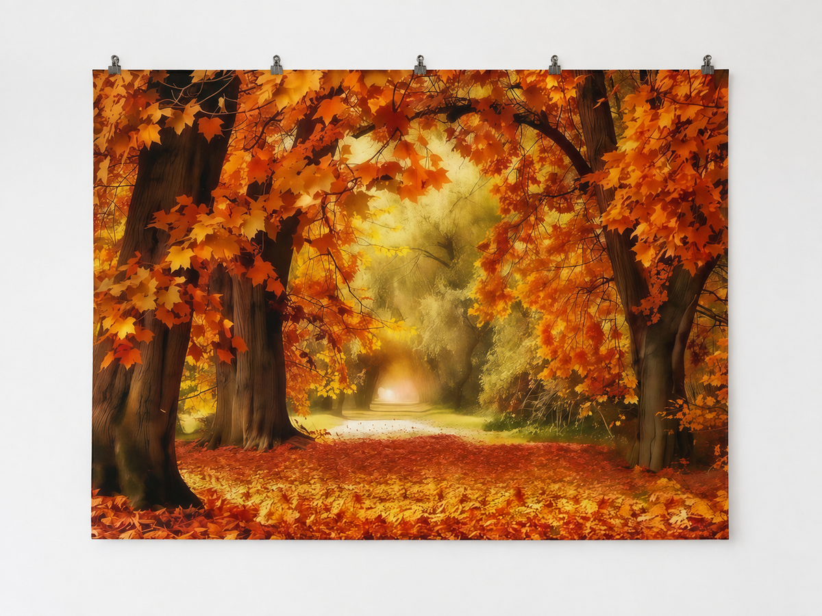 Golden Autumn Woodland Path Printed Backdrop — complete flat printed design; accessories not included