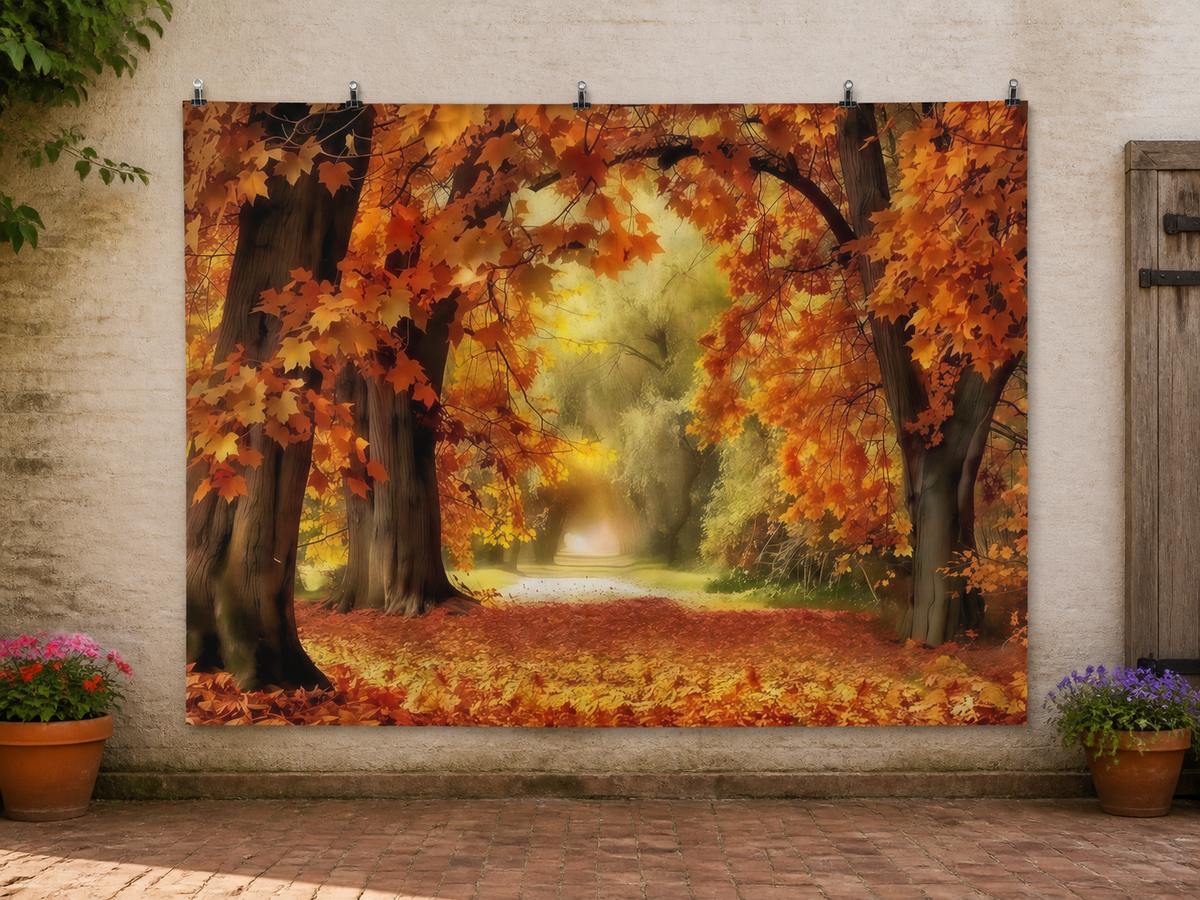 Golden Autumn Woodland Path Printed Backdrop — temporary dry outdoor wall-clip display; accessories not included