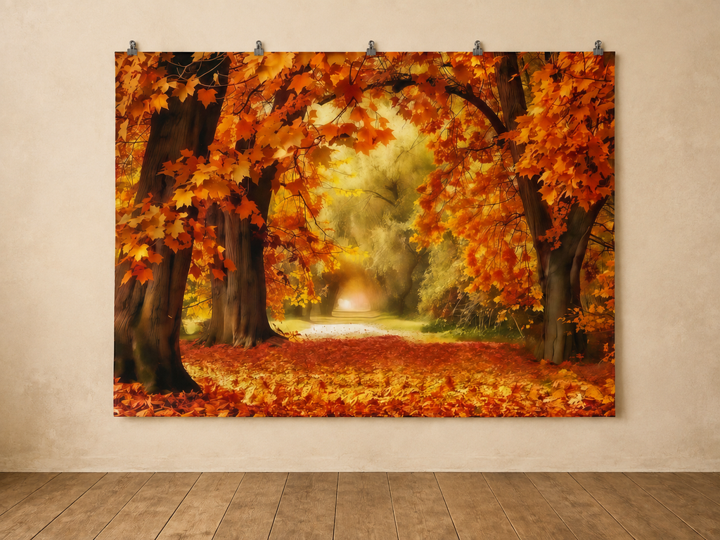 Golden Autumn Woodland Path Printed Backdrop — indoor wall-clip display; accessories not included