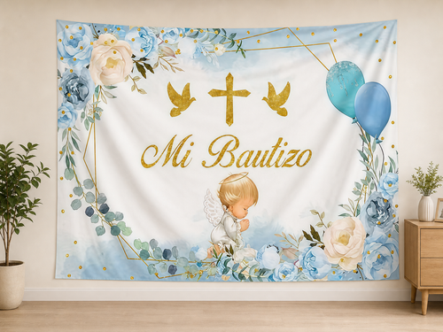 Blue Baptism Angel and Floral Backdrop displayed on a home wall