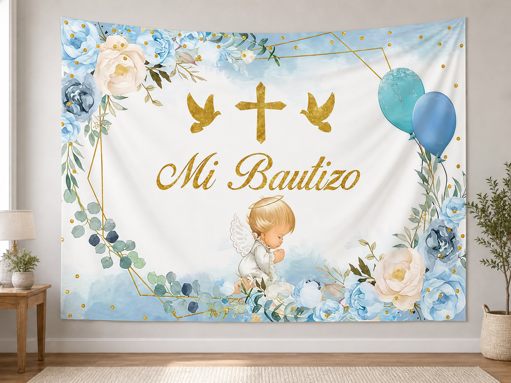 Blue Baptism Angel and Floral Backdrop in a realistic home setting