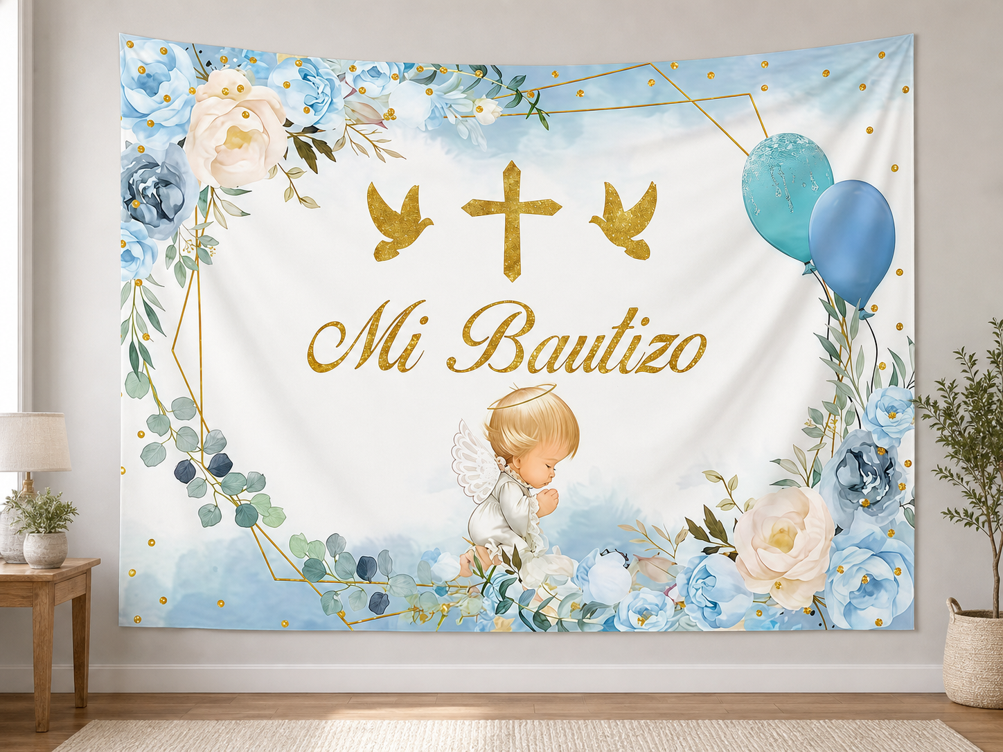 Blue Baptism Angel and Floral Backdrop in a realistic home setting