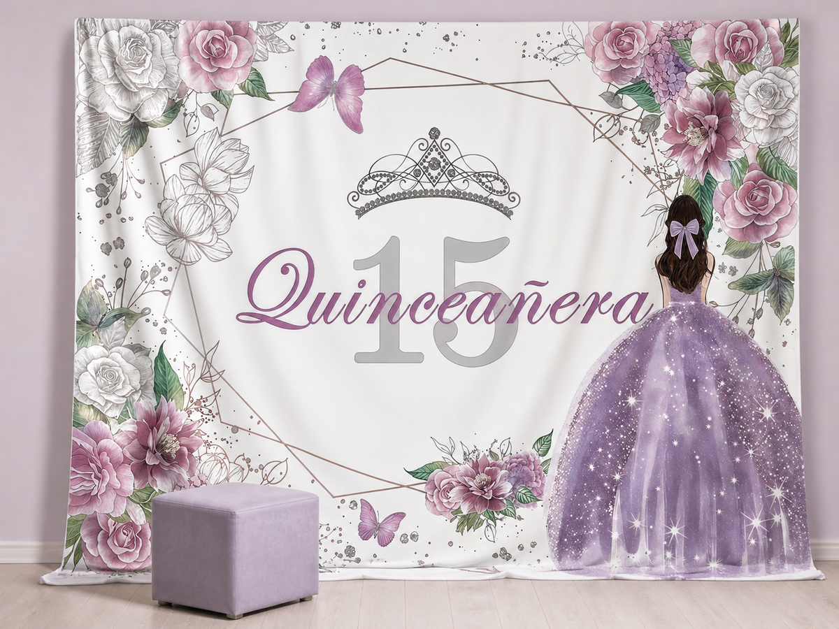 Quinceañera 15 purple floral princess photography backdrop scene 2
