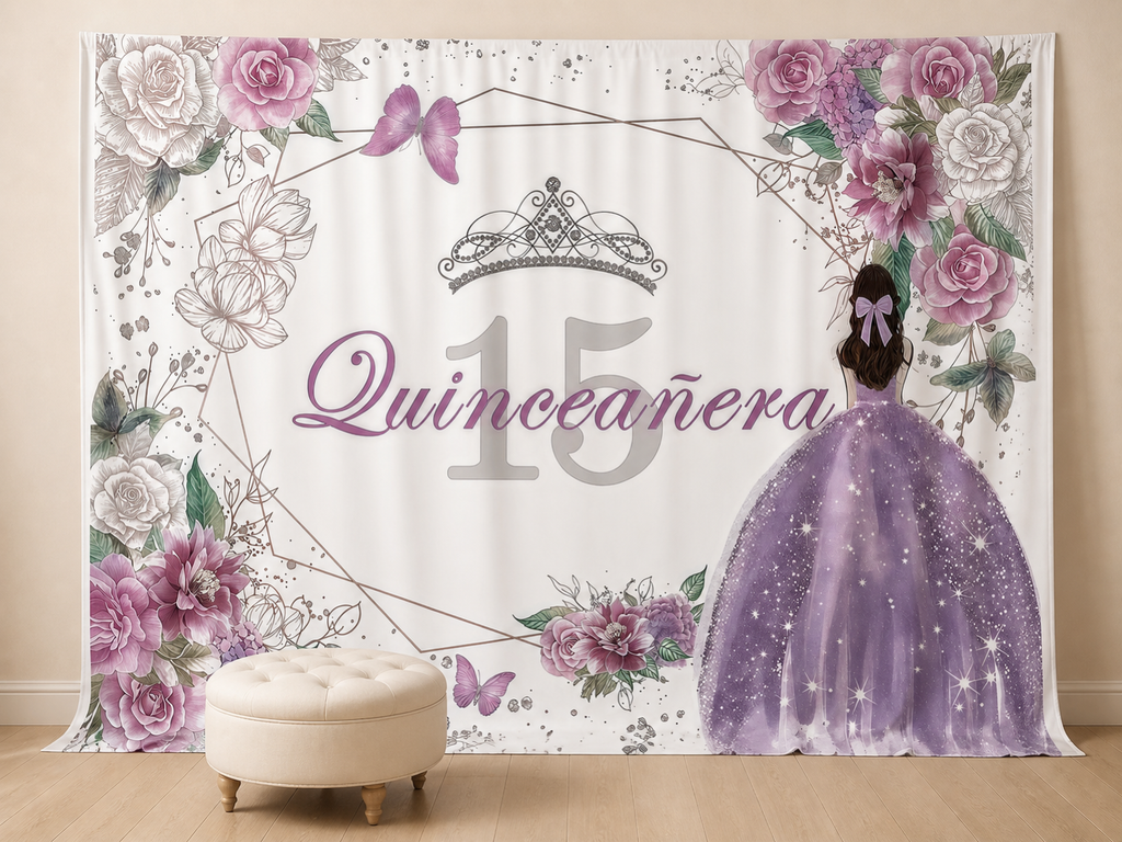 Quinceañera 15 purple floral princess photography backdrop scene 3
