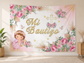 Pink Baptism Cross and Floral backdrop realistic scene