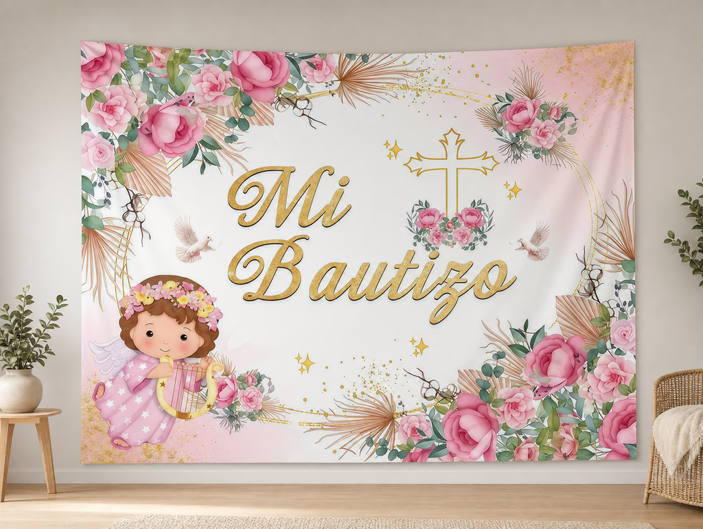 Pink Baptism Cross and Floral backdrop alternate realistic scene