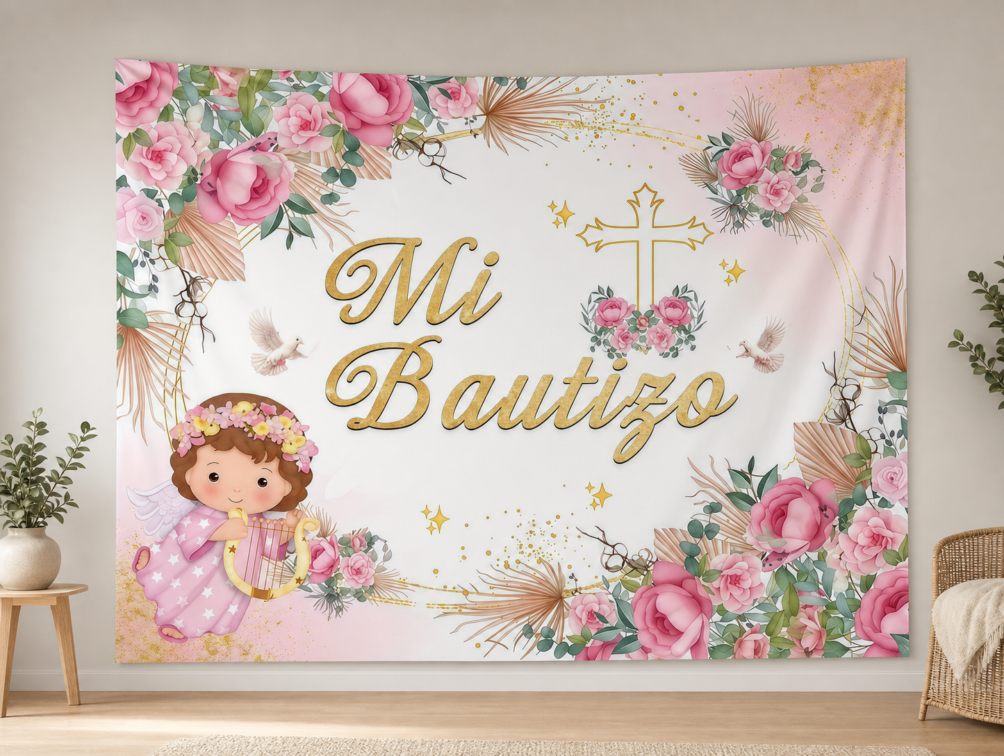 Pink Baptism Cross and Floral backdrop alternate realistic scene