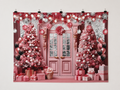 Pink Christmas Door and Decorated Trees Backdrop — complete flat printed design; accessories not included