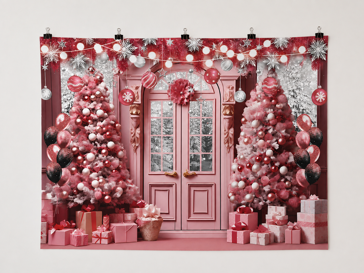 Pink Christmas Door and Decorated Trees Backdrop — complete flat printed design; accessories not included