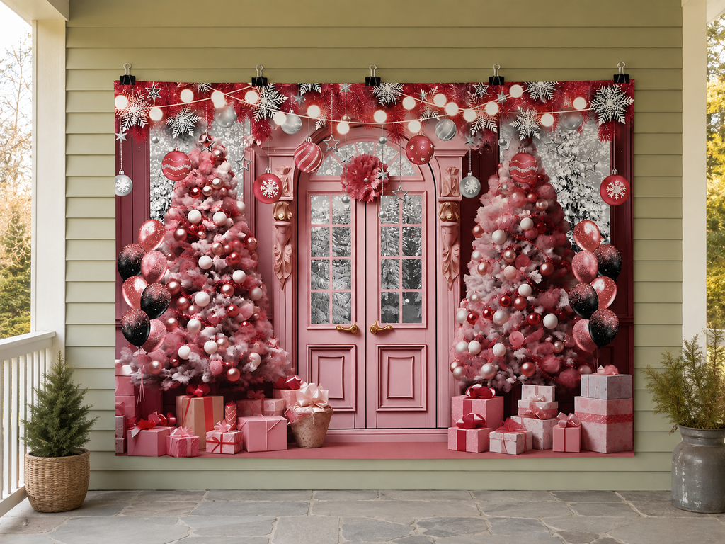 Pink Christmas Door and Decorated Trees Backdrop — temporary dry outdoor wall-clip display; accessories not included