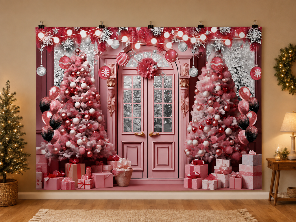 Pink Christmas Door and Decorated Trees Backdrop — indoor wall-clip display; accessories not included