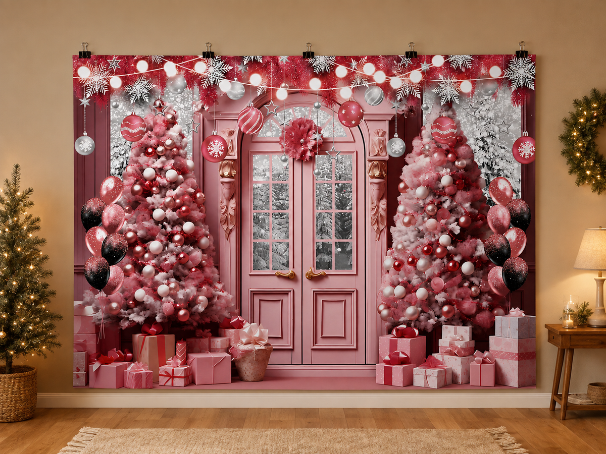 Pink Christmas Door and Decorated Trees Backdrop — indoor wall-clip display; accessories not included