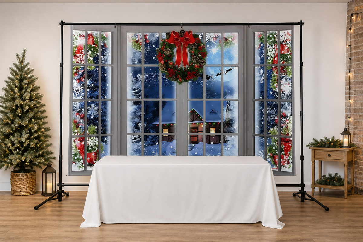 Snowy Christmas Window Backdrop in event studio
