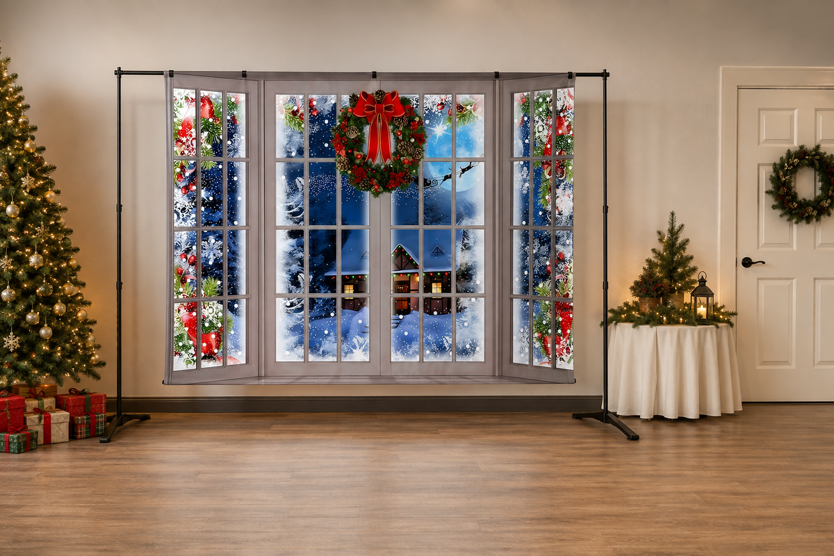 Snowy Christmas Window Backdrop in alternate room setting