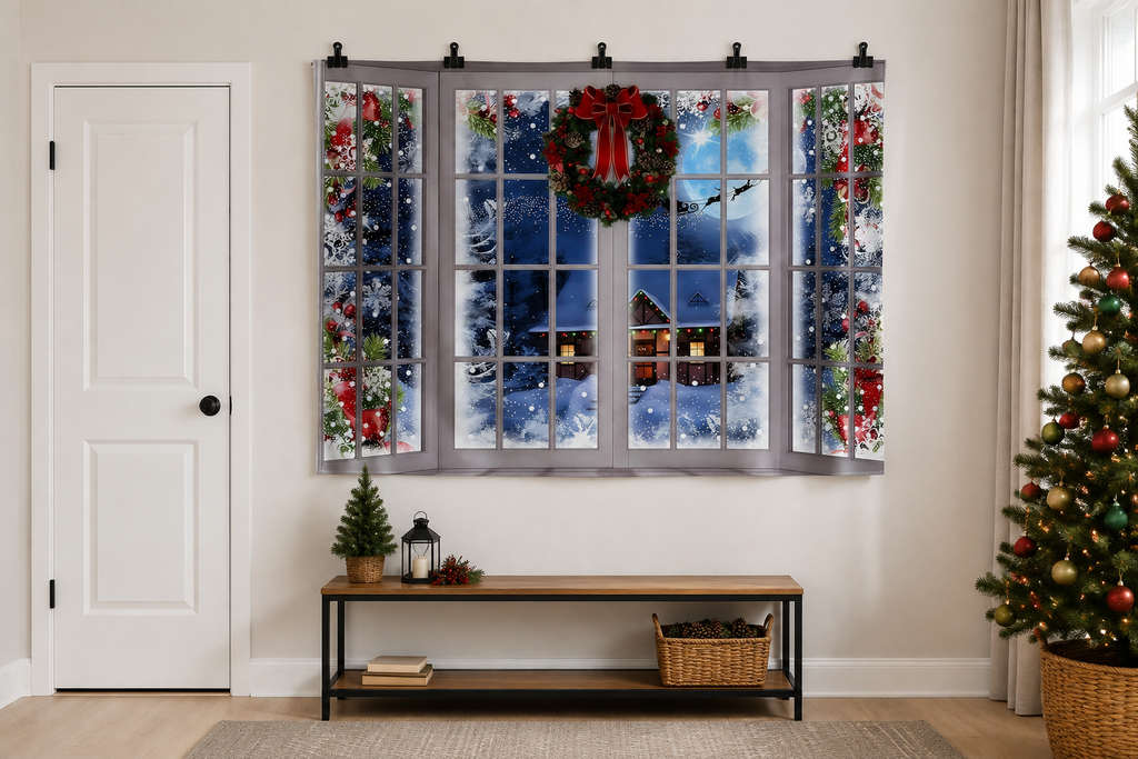 Snowy Christmas Window Backdrop clipped directly to wall